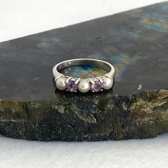 Sterling Silver 925 Multi Gemstone Round Amethyst Genuine Pearl Band Ring Sz 7 - Picture 3 of 16